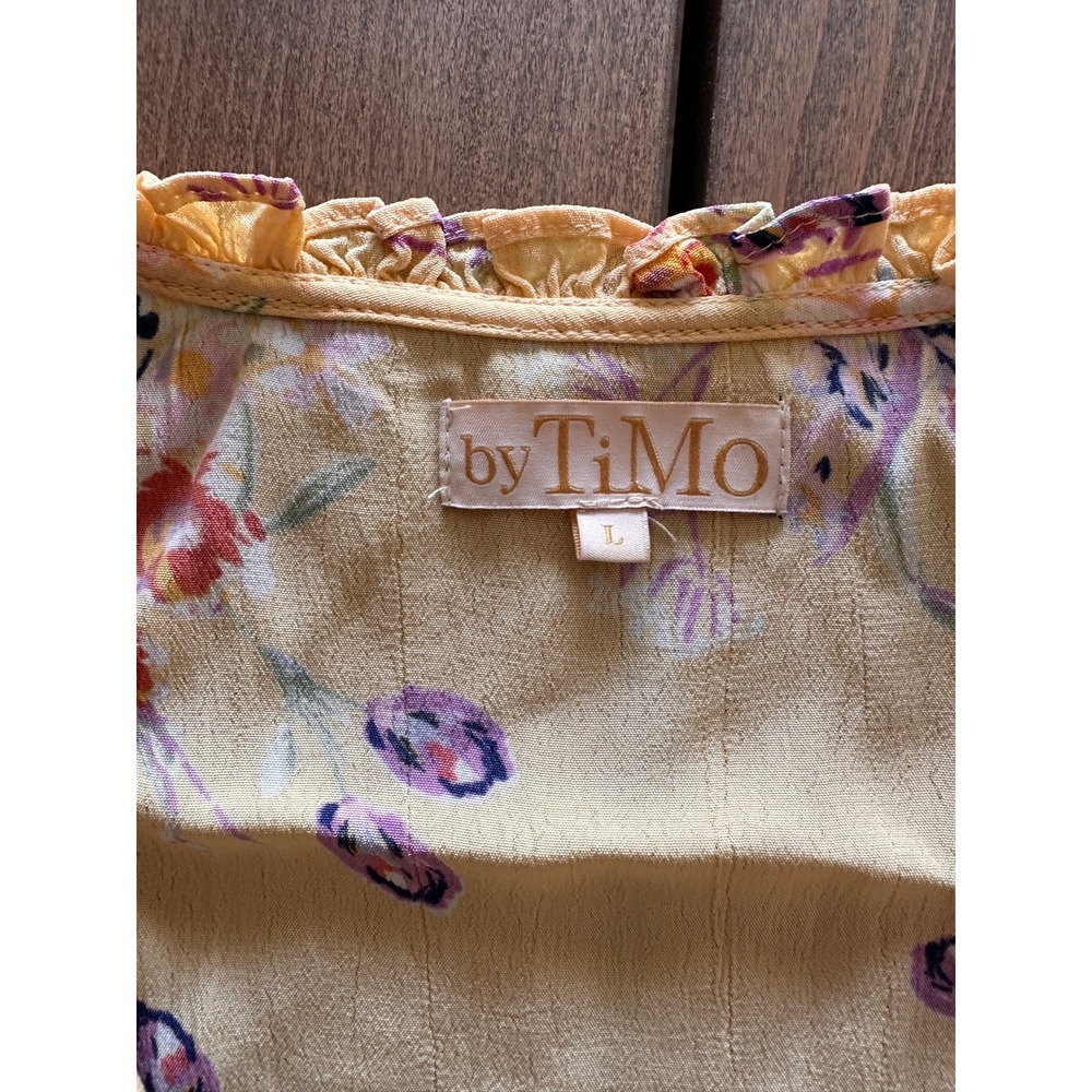 byTiMo Yellow Floral Ruffle Smocked Mini Dress Womens Large Boho Tiered Viscose - Picture 7 of 9
